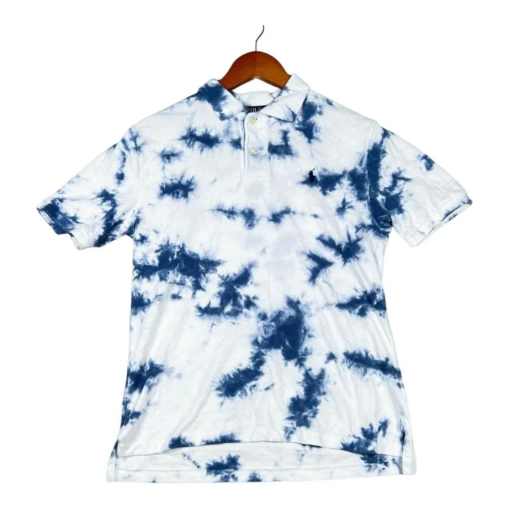 Polo By Ralph Lauren Mens Indigo Blue Tie Dye Polo Shirt Short Sleeve White Sz S